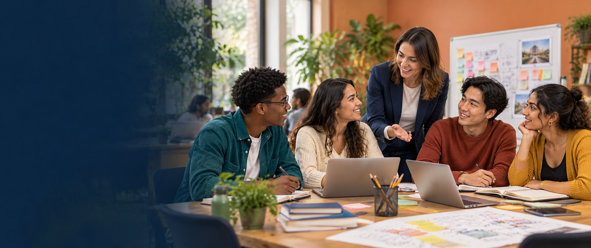 Students and an instructor collaborating in a bright college classroom