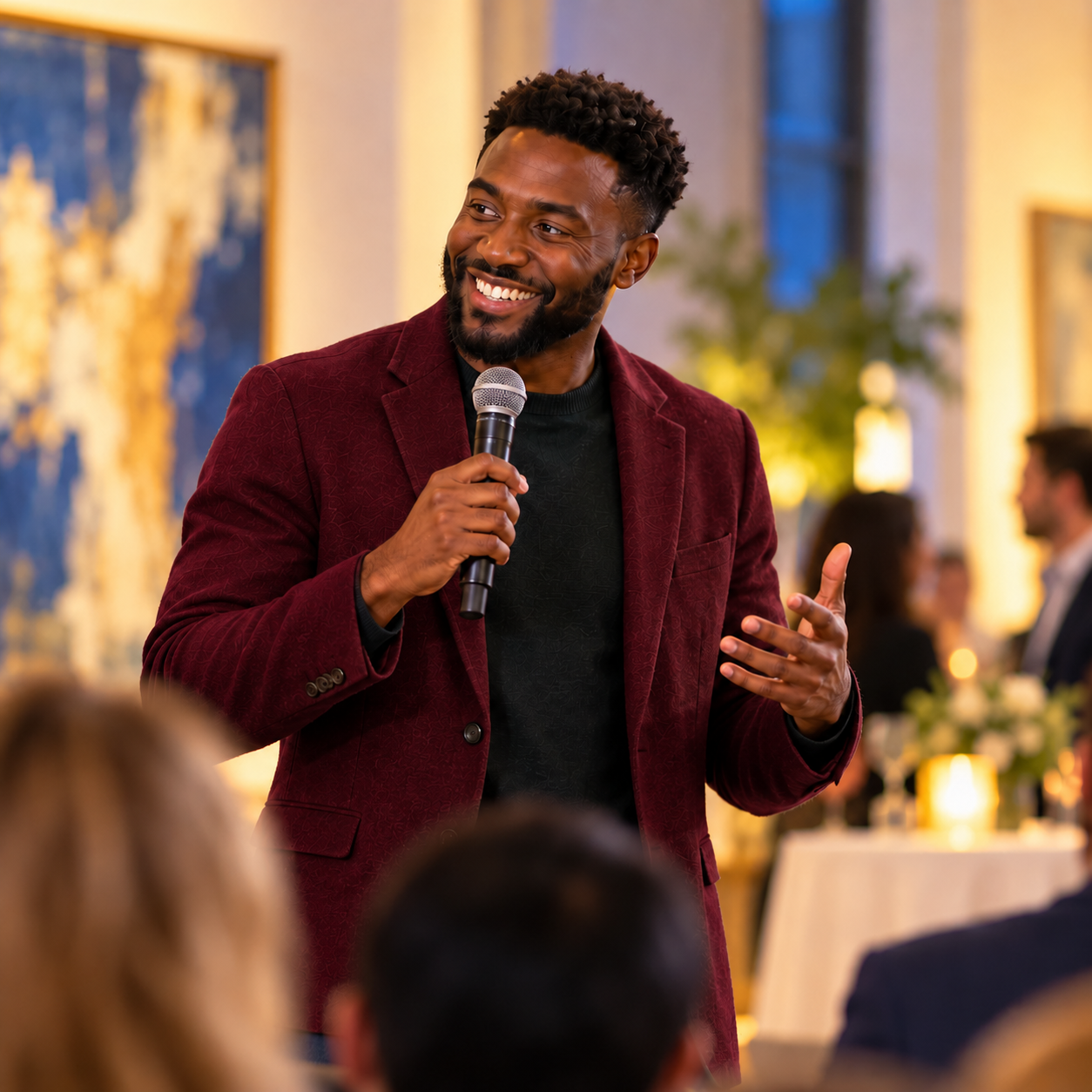 English fluency practice through public speaking at a social event