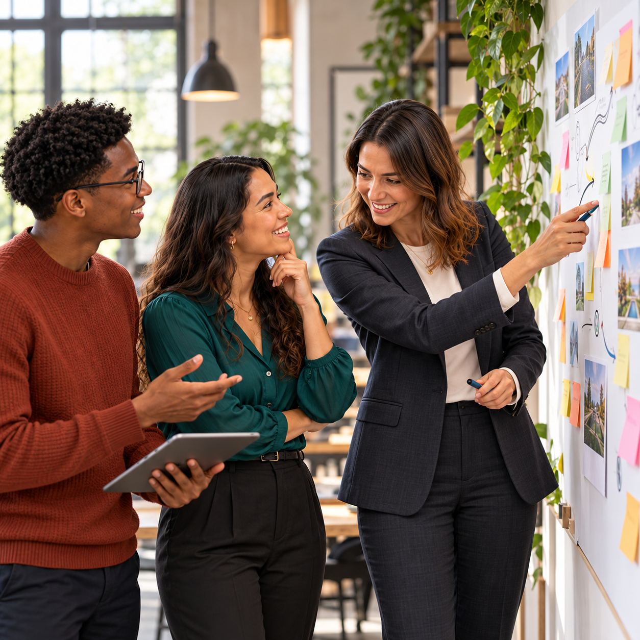 Professionals reviewing a career roadmap in a bright coworking studio