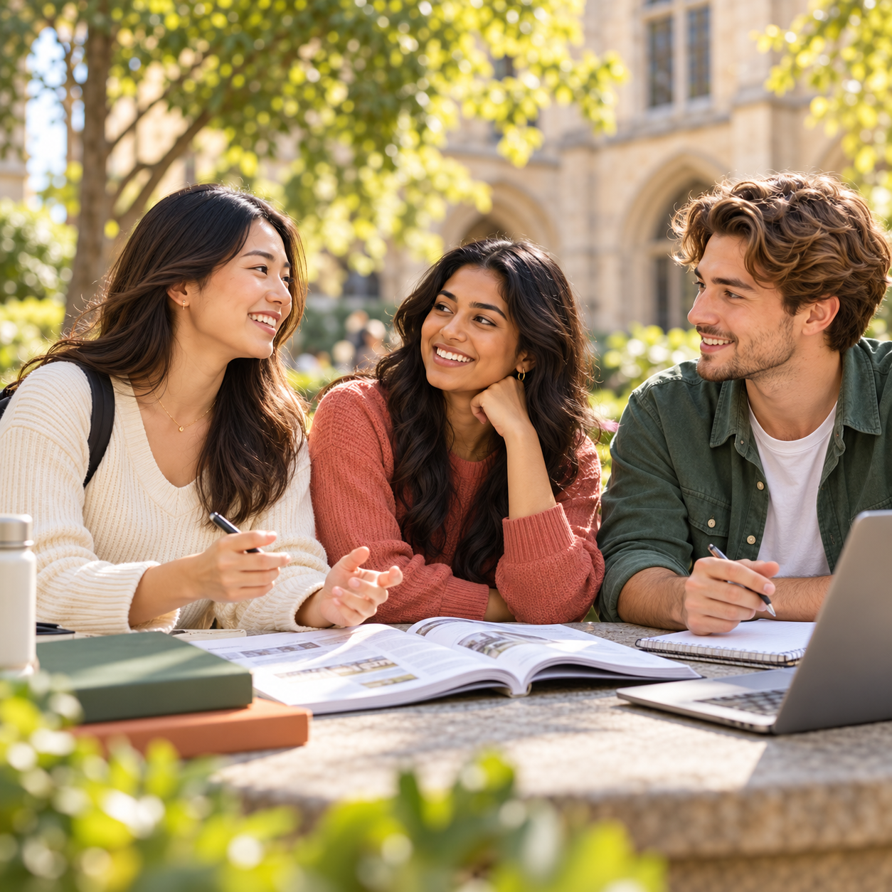 IELTS learners studying together in a university courtyard