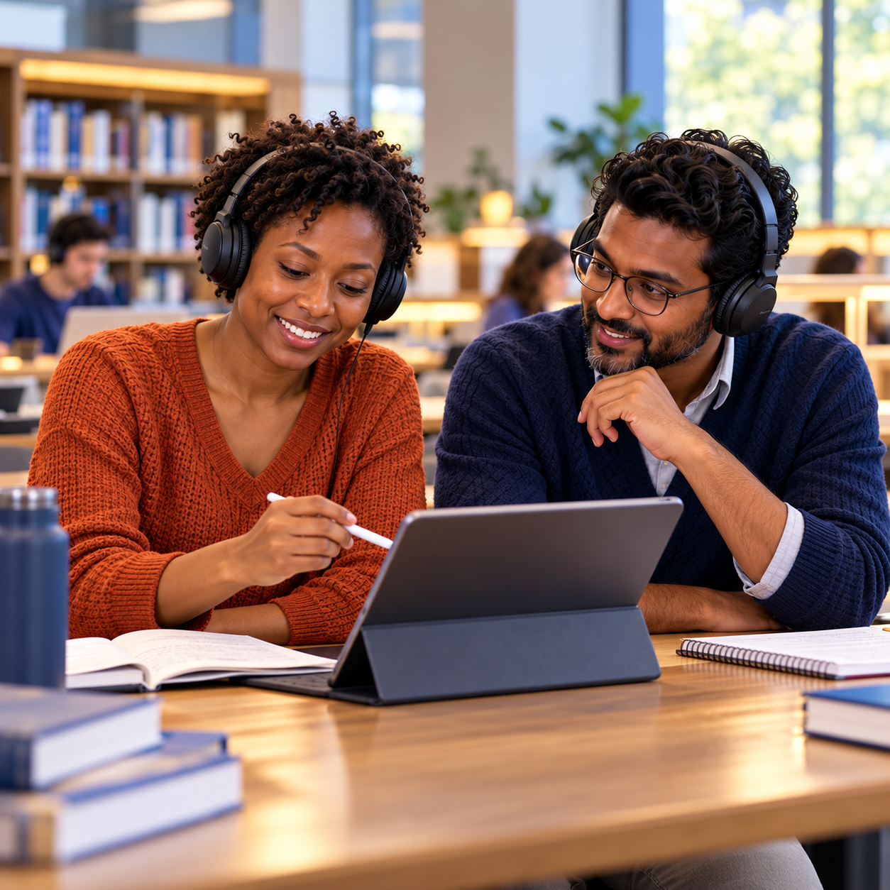 TOEFL learners working together in a modern language lab