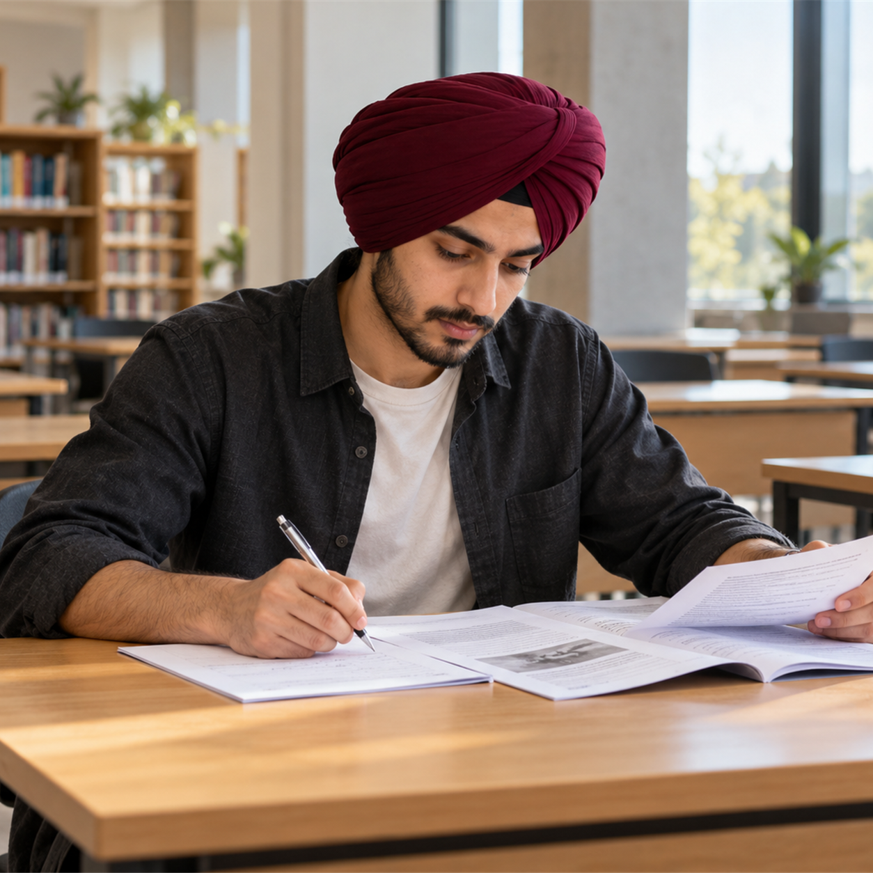 Learner completing a paper-based reading test in a supervised exam room