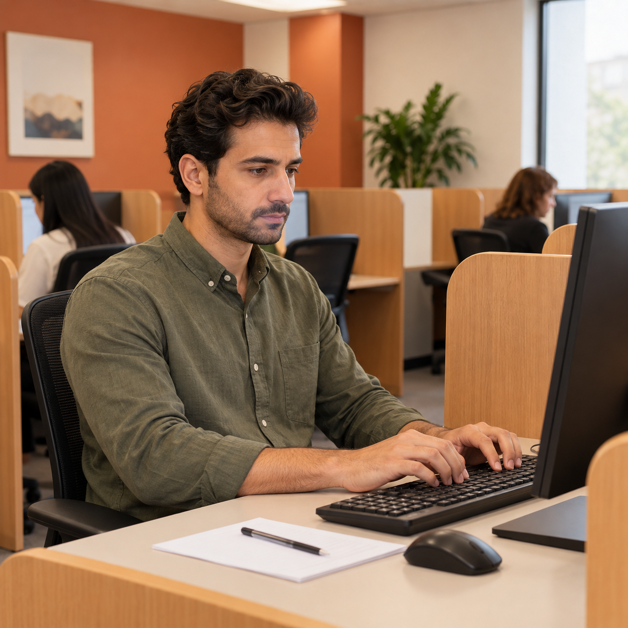 Learner completing a computer-based writing test at an exam workstation