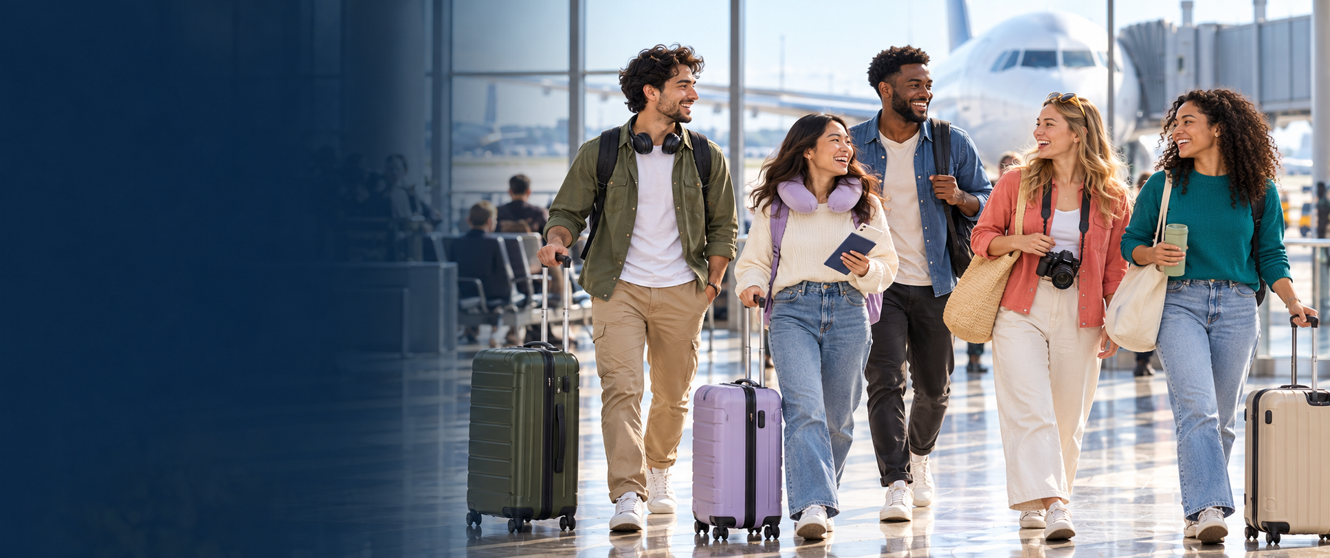 Travellers excitedly walking toward an airport departure area